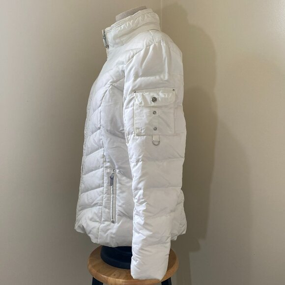 White "Eddie Bauer" Down jacket, removable hood with faux fur trim - Picture 4 of 16